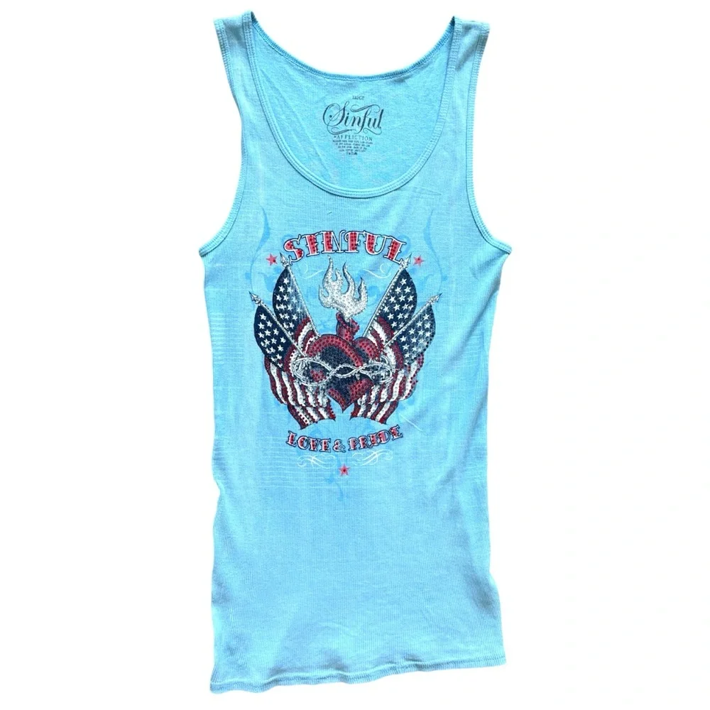 Sinful Woman’s Large Light Blue Patriotic Rhinestone Tank Top - Picture 1 of 5